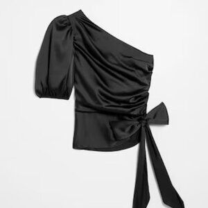 WHITE HOUSE BLACK MARKET ONE SHOULDER SATIN TIE BLOUSE BLACK FORMAL PROM SZE 2